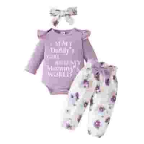 Povozer Newborn Baby Girls Cotton Clothes Long Sleeve Romper Pants Outfit Set(Light Purple,3-6M)