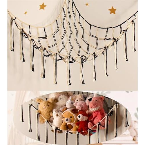 Large Stuffed Animal Hammock Corner Net for Toys Storage Hanging Stuff Animal Organizer Holder Black White Room Bedroom Nursery Decor Organization