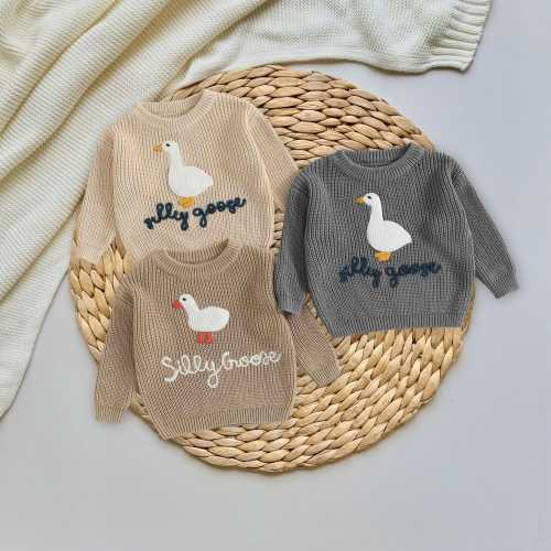 Embroidered Silly Goose Baby Sweater: Cotton Knit Pullover