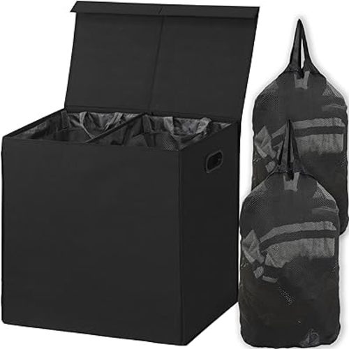 Simple Houseware Double Laundry Hamper with Lid and Removable Bags, Black