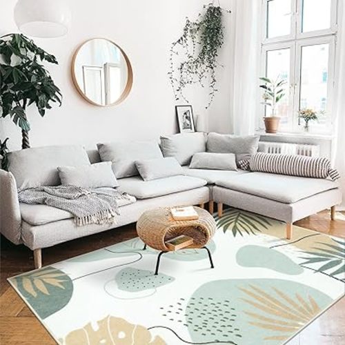 Seavish Washable Rugs for Living Room, 5x7 Green Area Rug for Bedroom, Low Pile Soft Non-Shedding Botanical Kids Room Floor Carpet, Large Accent Throw Decor Rug for Entryway Office