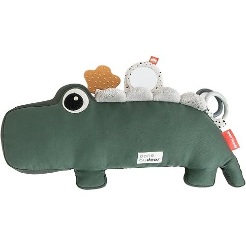 Done by Deer Tummy Time Activity Toy Croco Green - Soft Pillow with Teether, Rings, Mirror, Tags, and Crinkle Sounds for Sensory Exploration & Neck/Back Strength