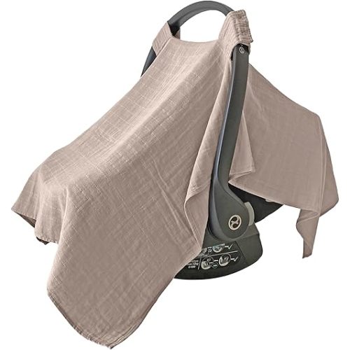 MOZAH 100% Organic Muslin Baby Car Seat Cover Muslin Carseat Canopy Baby Car Seat Covers for Boys (Warm Taupe)
