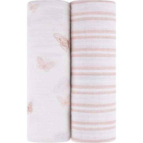 Ely's & Co. Muslin Swaddle Blankets 2-Pack for Baby Girl, 100% Cotton Muslin Extra Large Swaddle Receiving Blankets, 47”x47” (Pink Butterflies + Stripes)