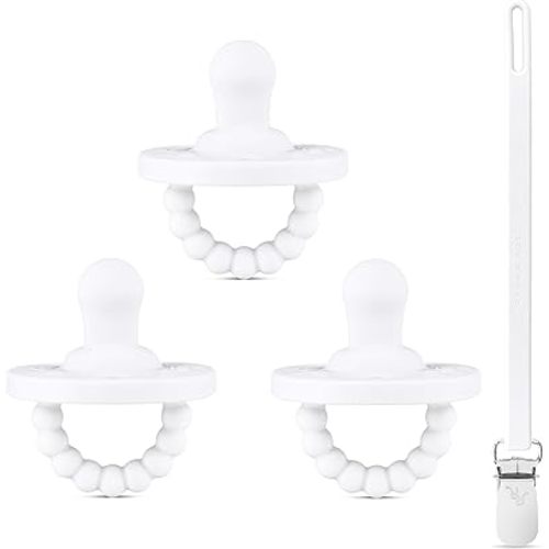 Ryan & Rose Cutie PAT Pacifier Teether 3 Pack and Flex Clip (Flat, White)