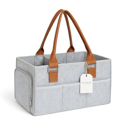 PRIMERA COLLECTIONS - Felt Diaper Caddy, Organizer Bag with side pocket and leather handles – Nursery Storage Bin for Diapers, Wipes, and Baby Essentials - Portable, Gift for Newborns, Color: Gray