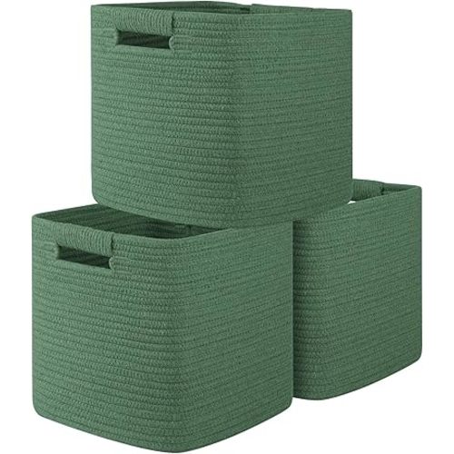 OIAHOMY Storage Cubes 11 Inch Storage Bins-3 Pack, Cotton Rope Woven Baskets for Organizing, Square Baskets for Shelves Organizer, Classroom, Toy Basket, Green