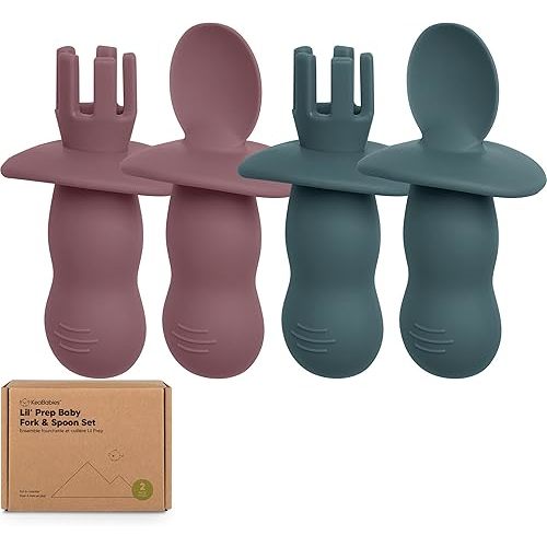 KeaBabies 4-Pack Silicone Baby Spoons and Forks Set - Baby Spoon Self Feeding, BLW Baby Utensils 6-12 Months, Baby Led Weaning Feeding Spoon, Teething Infant Baby First Food Training Pre Spoon (Rocky)