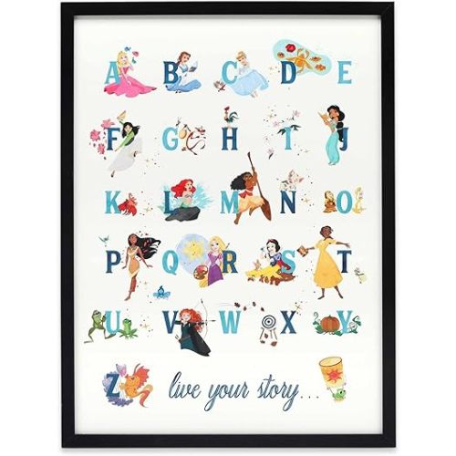 Disney Princess Alphabet Framed Wood Wall Decor - Large Princess Picture Featuring Belle, Cinderella, Ariel, Rapunzel and More