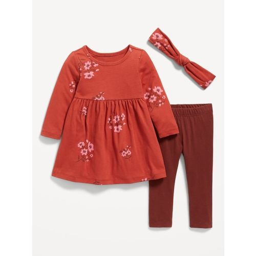 Printed Long-Sleeve Dress, Leggings, and Headband Set for Baby