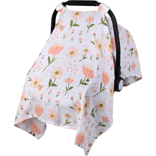 Muslin Carseat Cover for Babies, Metplus Breathable Infant Carseat Cover Lightweight Baby Carrier Cover for Girls Boys, Fit Spring Summer/Hot Days/Warm Weather, Pink Floral