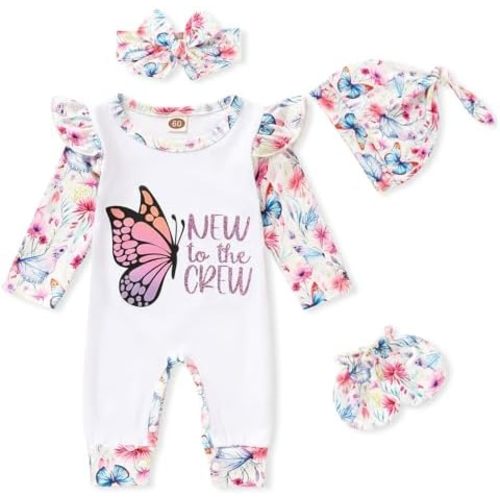 GRNSHTS Newborn Baby Girl Romper Infant Letter Print Jumpsuit Floral Bodysuit+Hat+Headband+Gloves Coming Home Clothes Outfits