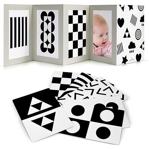 High Contrast Tummy Time Toy For Baby With Large Black and White Cards - Stimulating Sensory Development Boards & Mirror For Babies & Infants 0-3 Months - Twelve Montessori Patterns That Newborns Love