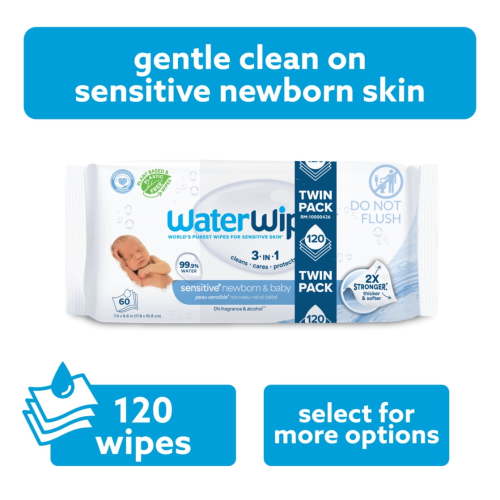 WaterWipes Sensitive+ Newborn & Baby Wipes, 3-In-1 Cleans, Cares, Protects, 99.9% Water, Unscented & Hypoallergenic, 2 Packs (120 Wipes)