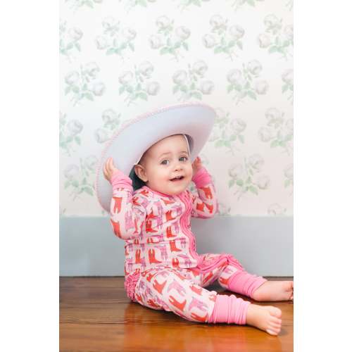 Pink Boots Bamboo Ruffle Romper I Poppy Kids Co