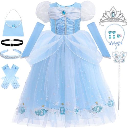 Cinderella Costume for Girls Blue Princess Dress for Kids with Puffy Sleeves Halloween Birthday Party Outfit