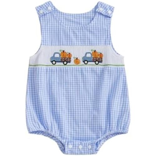 Newborn Baby Boy Halloween Outfit Pumpkin Truck/Tractor Embroidered Smocked Bubble Romper Sleeveless Plaid Bodysuit