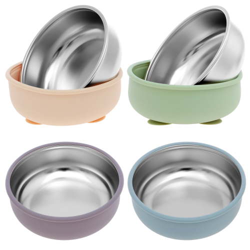 Ikoopy 4 Pcs 304 Stainless Steel Baby Bowl with Removable Silicone Shell Nonslip Baby Food Bowl with Suction for Toddlers 4 Colors Set