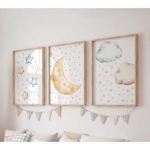 Set of 3 Moon Prints, Stars Wall Art Set, Clouds Posters, Modern Art, Kids Bedroom Decor, Boy Nursery Decor, Playroom Prints