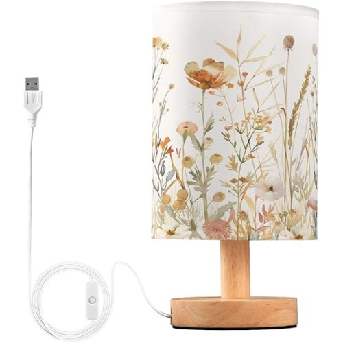 Bedside Table Lamp Autumn Wildflowers Fall Table Lamp for Bedroom Nightstand Lamp with USB Port LED Desk Lamp Shade Living Room Dorm Office