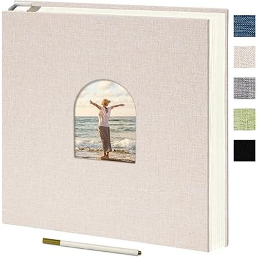 Vienrose 9.84x9.06 Inch Self-Adhesive Photo Album Linen Cover Arch Window Scrapbook Album 60 Pages Blank Inner Page Memory Book with A Metallic Pen, Beige