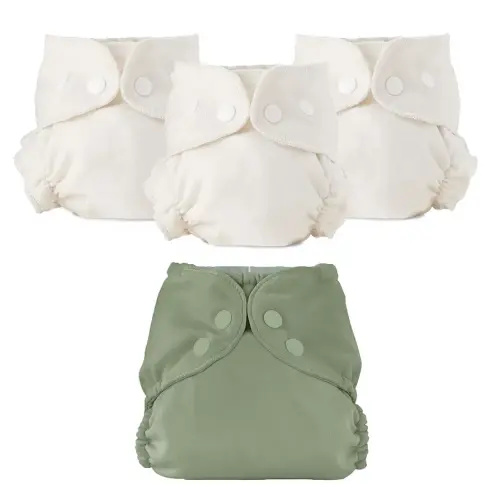 Esembly Cloth Diaper Bundle Set - 3 Organic Cotton Absorbent Inners and 1 Waterproof Outer Diaper Cover - Reusable, Washable, Snap Closure Cloth Diapers - Size 2 (18-35lbs), Aloe