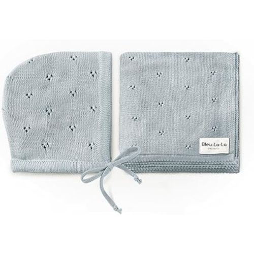Bleu La La Organic Pointelle Receiving Swaddle Blanket for Girls - 100% Luxury Organic Soft Cotton Knit Warm Cozy Cuddle Stroller Crib Blanket for Newborns Infants & Toddlers (Powder Blue + Hat)