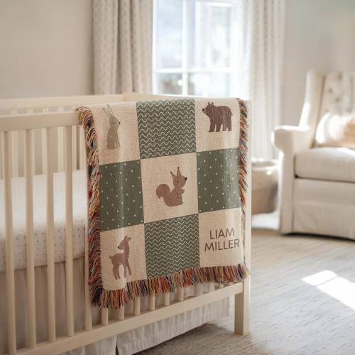 Personalized Baby Blanket Boy Woodland Forest Animal Woven Blanket Custom Baby Name Blanket Baby Shower Gift For Baby Boy Blanket Checkered