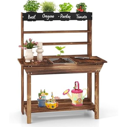 KOTEK Kids Potting Bench, Fir Wood Outdoor Mud Table with 4 Pots, Chalkboard, Removable Sink, Storage Shelves, Mud Kitchen for Kids Outdoor Garden, Gift for Boys Girls 3+