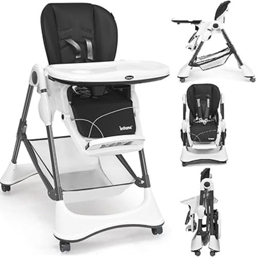 INFANS High Chair with One-Hand Removable Tray, 4 Lockable Wheels & Large Storage Basket - Multi-Adjustable Height, Recline & Footrest, Removable Cushion, Foldable for Baby, Infant& Toddler, Grey