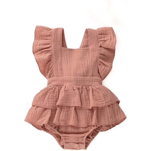 Infant Baby Ruffle Romper, Cotton Muslin, Flutter Sleeve Design, 4 Colors Available