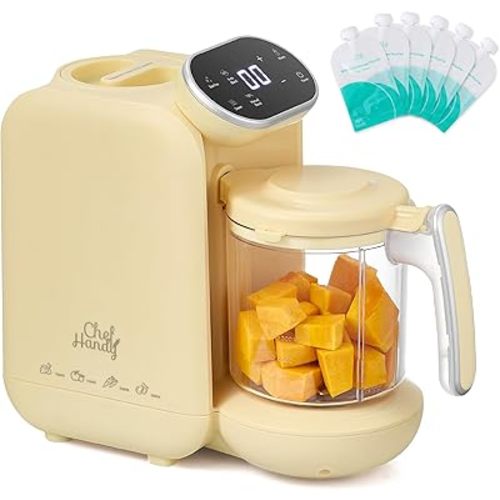 Chefhandy Baby Food Maker, Steamer & Blender with Stainless Steel Basket, Puree Maker with Auto/Manual Blend, Bottle Warmer & Sterili-zer, Safe & Easy-to-Clean Compact Baby Food Processor (Yellow)