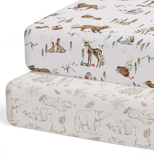Crib Sheets Neutral - Fitted Baby Crib Sheets Bed for Girl Boy - 2 Pack Standard & Toddler Mattress - Buttery Soft Organic Cotton Blend (Magic Forest)