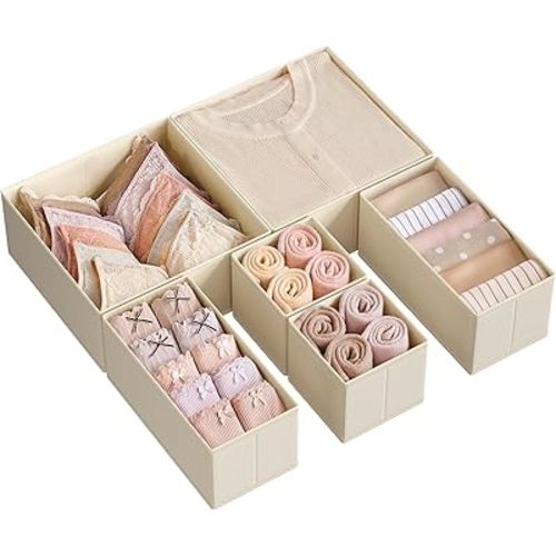 SONGMICS Drawer Organizers, Dresser Divider Organizers, Set of 6, Foldable Fabric Storage Boxes for Socks, Underwear, Bras, Ties, Scarves, Sand Beige URDZ006Y01