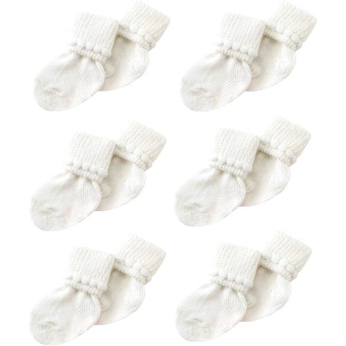 Newborn Baby Boy & Girl Socks Includes 6 Pairs of Cotton Socks - 0-3 Months - White