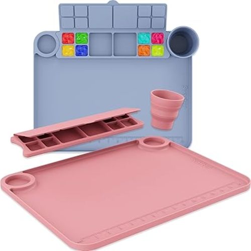 Silicone Painting Mat with Cup and Palette Detachable, 17"X13" Thick Silicone Craft Mat with Raised Edge for Artist, Kids Painting Station Silicone Creator Mat, Gray & Coral Pink