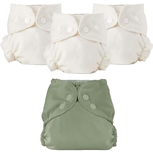 Esembly Cloth Diaper Bundle Set, 3 Organic Absorbent Inners and 1 Waterproof Recycled Diaper Cover, Reusable Washable Diapers with Snap Closure, Size 1 (7-17lbs), Aloe