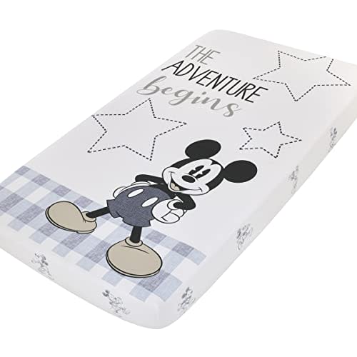 NoJo Disney Mickey Mouse - Call Me Mickey White and Blue The Adventure Begins Stars and Gingham 100% Cotton Photo Op Nursery Fitted Crib Sheet