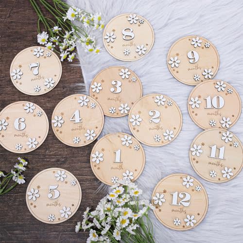 Whaline 12Pcs Baby Monthly Milestone Cards 3D Daisy Wooden Marker Discs Rustic Baby Month Announcement Sign for Baby Pregnancy Growth Photo Prop, 3.9 x 3.9 Inch