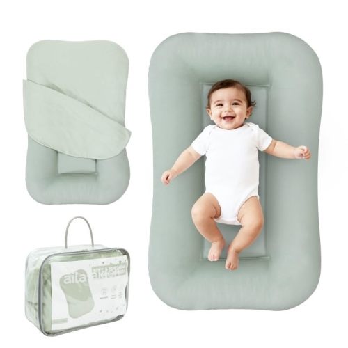 Aila + Aiden Baby Lounger | Organic Cotton Infant Lounger | Adjustable & Portable Floor Lounger | Supervised Use | Soft, Breathable, Washable Cover - Snuggle Collection - (Sage)