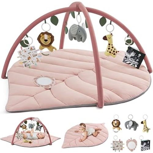 Blissful Diary Baby Play Gym & Activity Mat, Oversize Leaf Shaped Tummy Time Baby Play Mat w 6 Detachable Toys Promotes Motor Skills & Sensory Development, Newborn Infant Essentials Gift, Crystal Pink