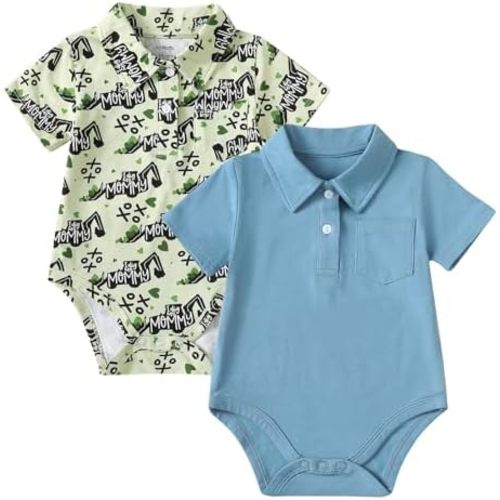 ROMPERINBOX Onsies for Baby Boy Polo Collar Bodysuit 2 Pack Short Sleeve Romper with Pocket 0-24 Months