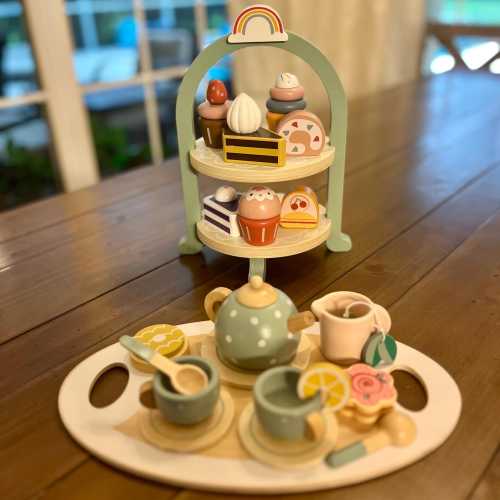 Pretend Tea Party set with Desert Tray Personalized Wooden Tea Party Play Set Custom name tea set toy for Toddlers Birthday Gift for Girls