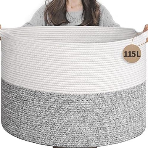 INDRESSME 115L Extra Large Blanket Basket, Soft Cotton Rope Storage Basket for Organizing, Home Decor, Toys, Laundry & Towels, Toy Storage Organizer for Living Room & Nursery, Light Grey