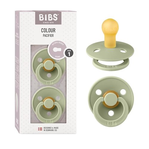 BIBS Pacifiers | Natural Rubber Baby Pacifier | Set of 2 BPA-Free Soothers | Made in Denmark | Sage | Size 0-6 Months - Size 1 (Pack of 2)