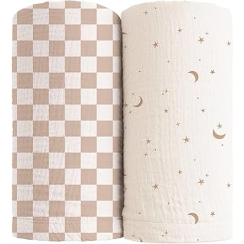 Konssy Muslin Swaddle Blankets for Girls Boys, 2 Pack Receiving Baby Blanket Large 47 x 47 inches, Soft Breathable Swaddling Wrap for Unisex Newborn (Coffee Check,Moon)