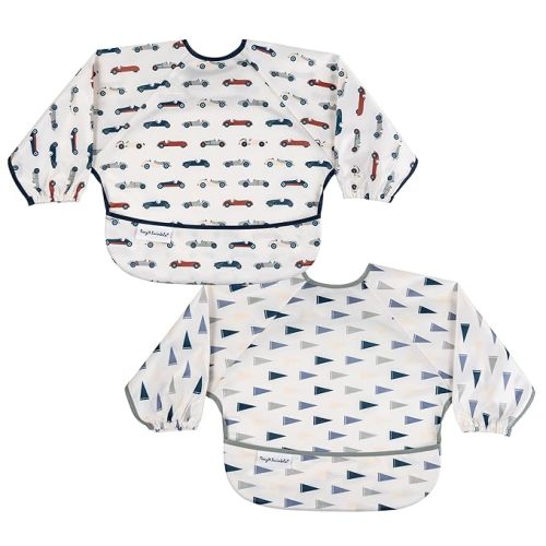 Tiny Twinkle Long Sleeve Bib for Babies & Toddlers | 2-Pack Waterproof Smock Bib for Eating | Machine Washable & Mess-Proof Feeding Essentials | Newborn Shower Gift (Cars,Flags,6-24M)