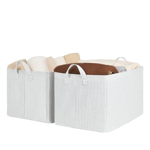StorageWorks Storage Bins, Fabric Storage Bins for Shelves, Extra Large Storage Baskets with Metal Frame, Closet Baskets and Bins with Handles, Jumbo, Gray and White Stripes, 2-Pack