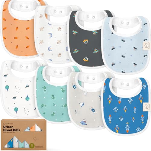 8-Pack Organic Baby Bibs for Boys, Girls - Soft Cotton Drooling and Teething Bibs for Baby Girl & Boy, Extra Absorbent, Easy to Clean & Put On for Toddler, Newborn, Infant 0-24 Months (Cosmo)
