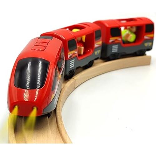 Battery Operated Trains for Wooden Train Track Set Locomotive with Light for Toddlers 3 4 5 Year Old Boys Red High Speed Magnetic Couplings with Passengers(Without Battery)